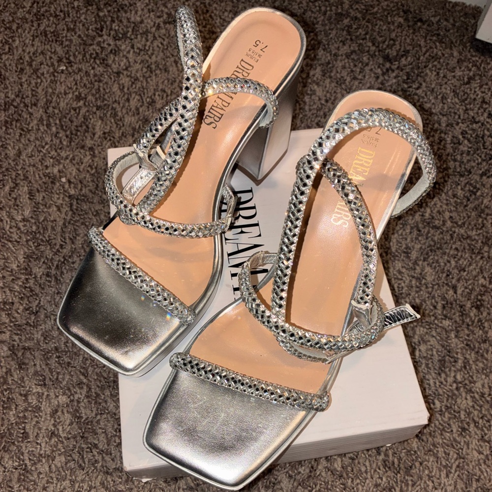Dream Pairs Silver Strappy Chunky Heels